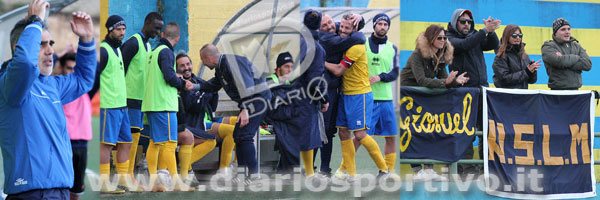 Il tecnico Piras si dispera, mister Nofri scherza con la panchina e abbraccia Pomante, i tifosi gialloblù