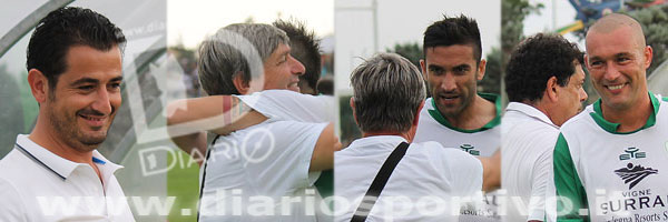 Il ds Zucchi, l'abbraccio del massaggiatore Picotti abbraccia Moro e Cicino, il sorriso di Manzini