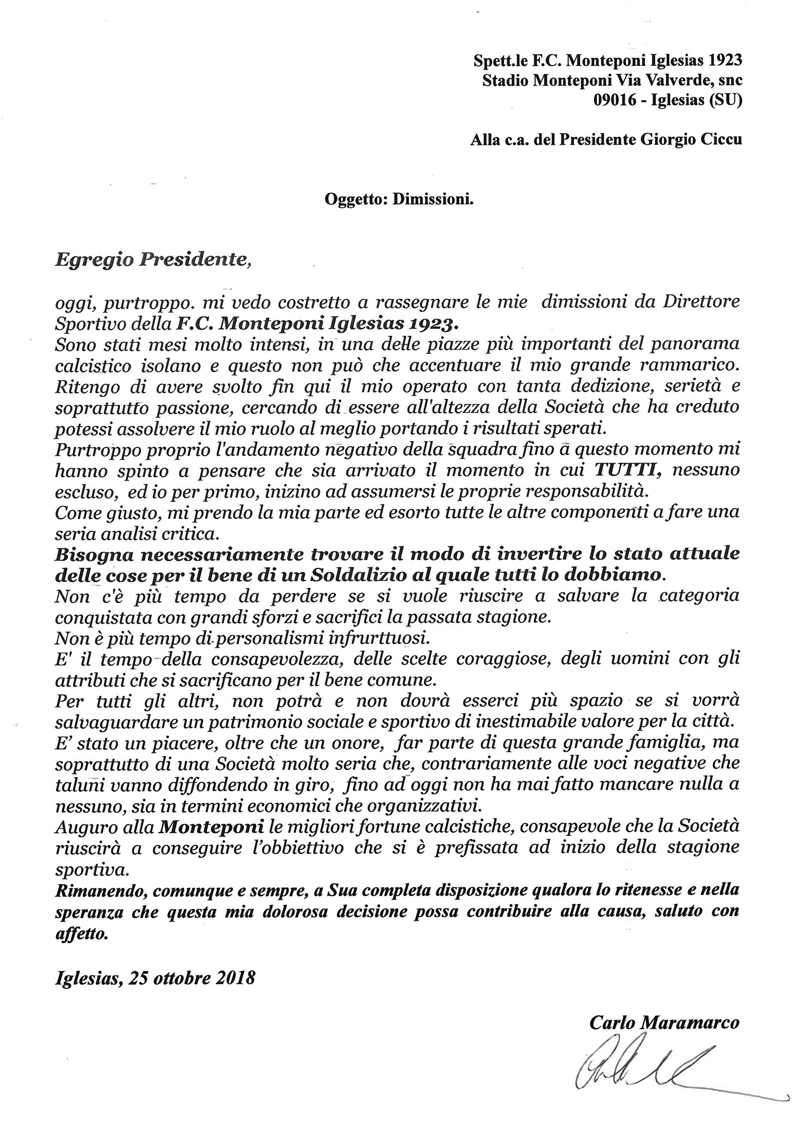 La Lettera Di Dimissioni Del Direttore Sportivo Della Monteponi