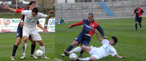 A sx Marongiu difende palla, a dx Pazzola (autore del 2° gol) contrastato in takle - foto P. Cossu
