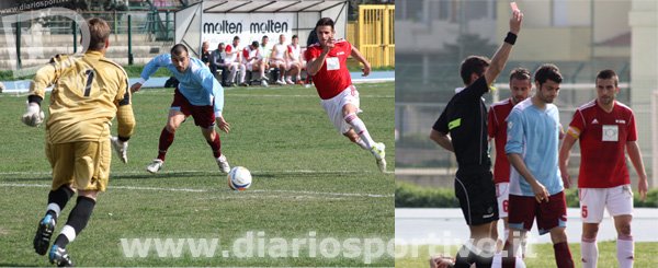 A sinistra il retropassaggio di cui ha approfittato Fatati mettendo a segno il primo gol del Monterotondo, a destra l'espulsione di Piselli